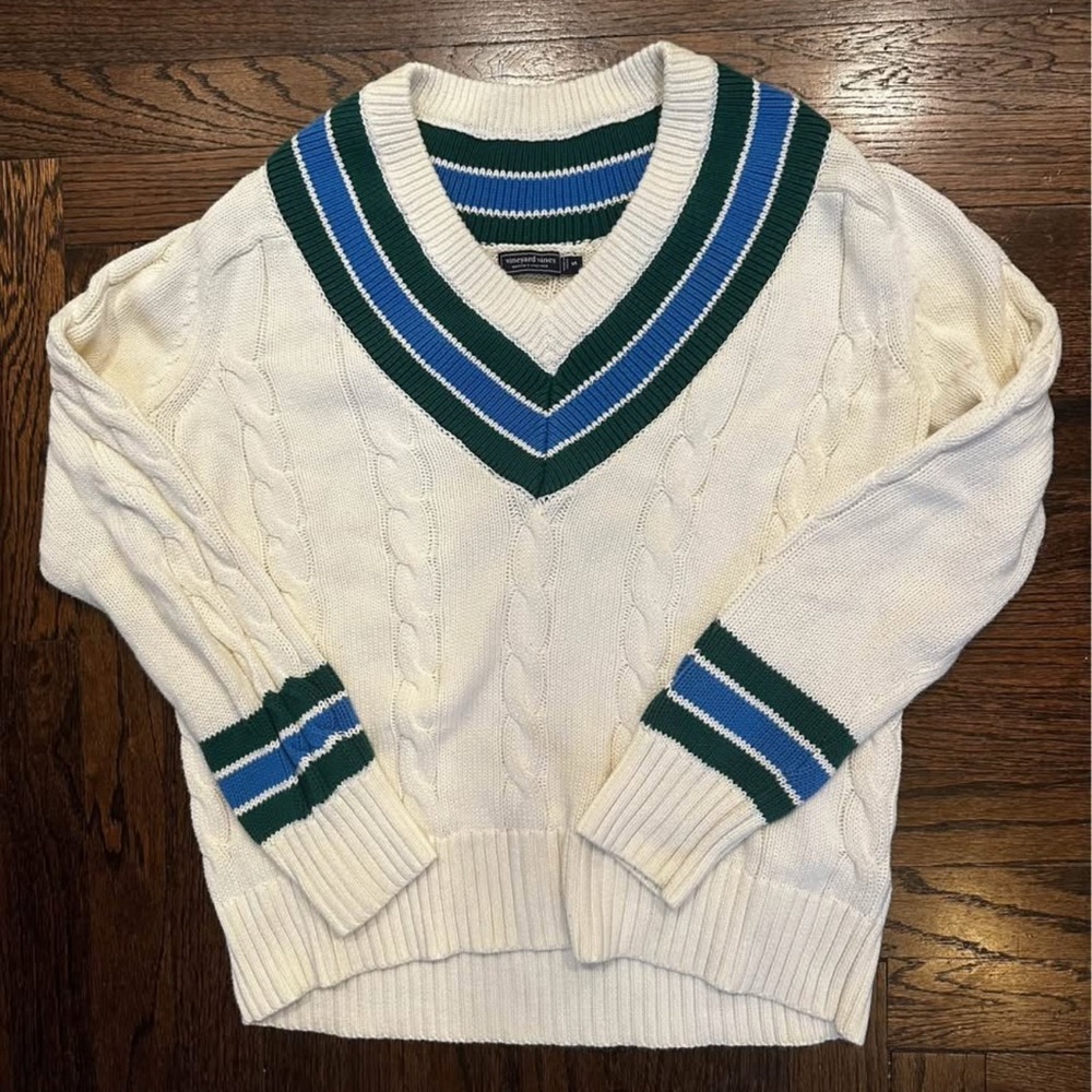 Vineyard Vines Cream Sweater with Green and Blue Accents